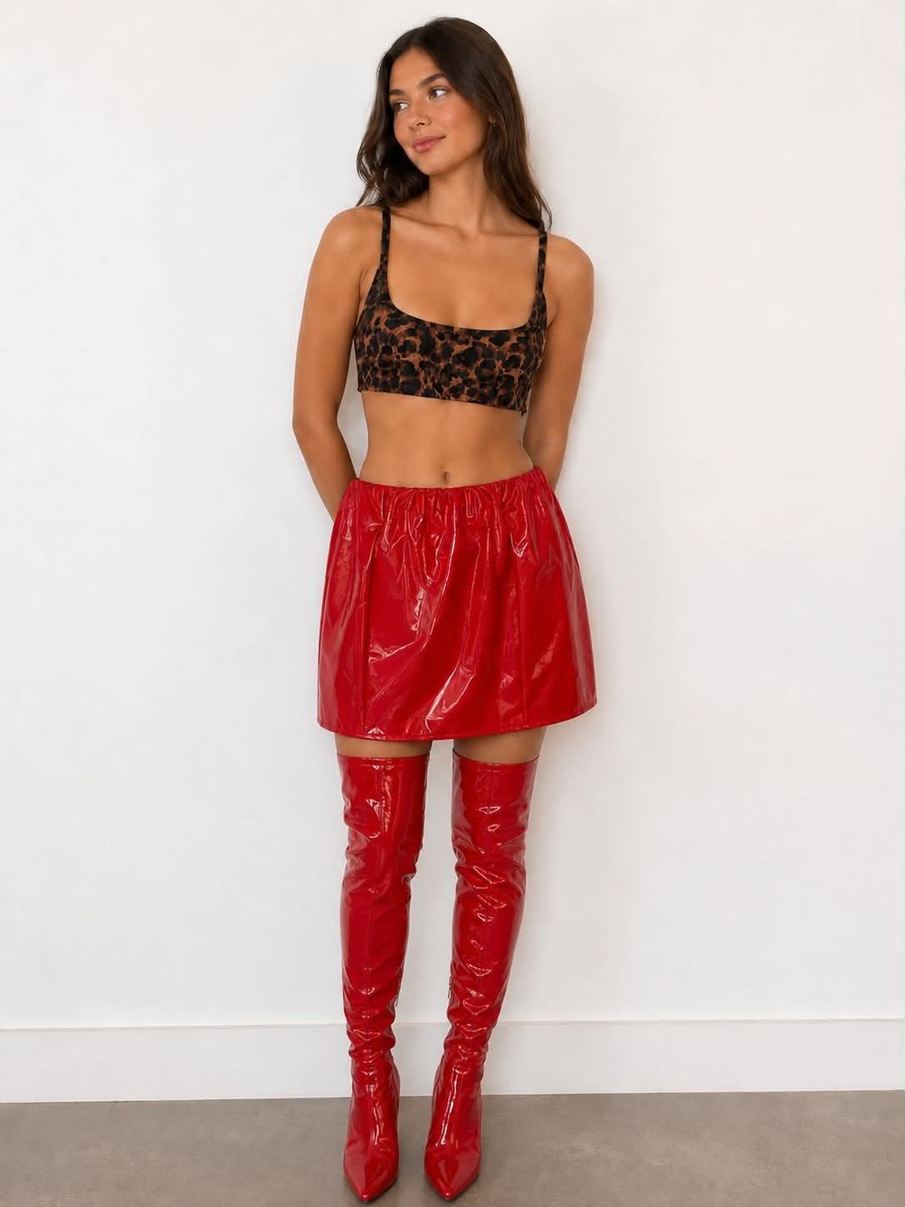 Leopard Print Bralette & Red Patent Leather Mini Skirt Club Rave Set S/M